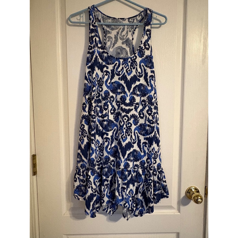 Lilly Pulitzer Cover Up Dress Womens S Blue White Excellent Ikat Flamingo Pima